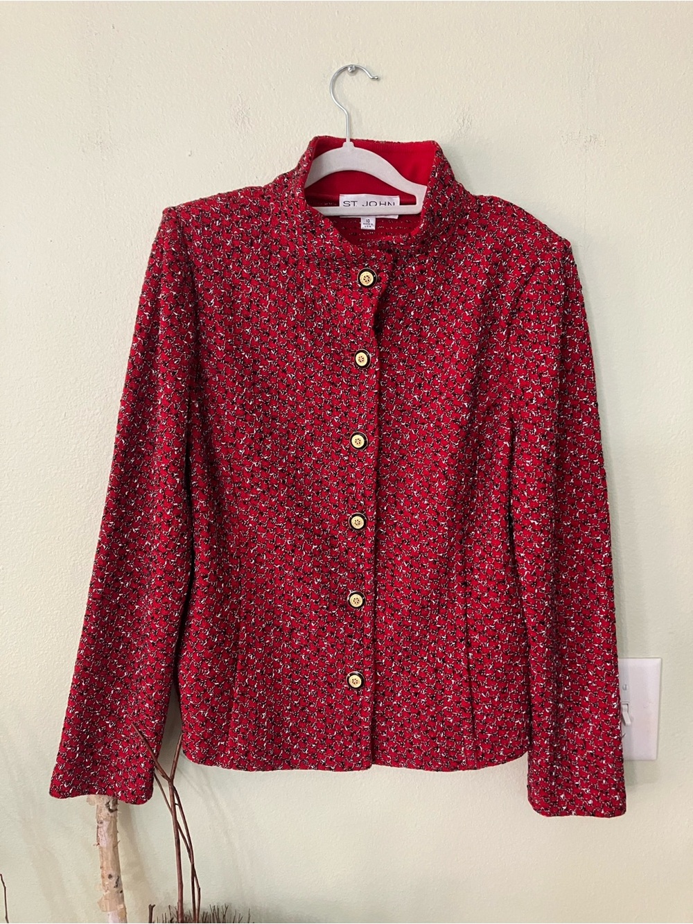 St. John red knit blazer evening jacket sweater cardigan